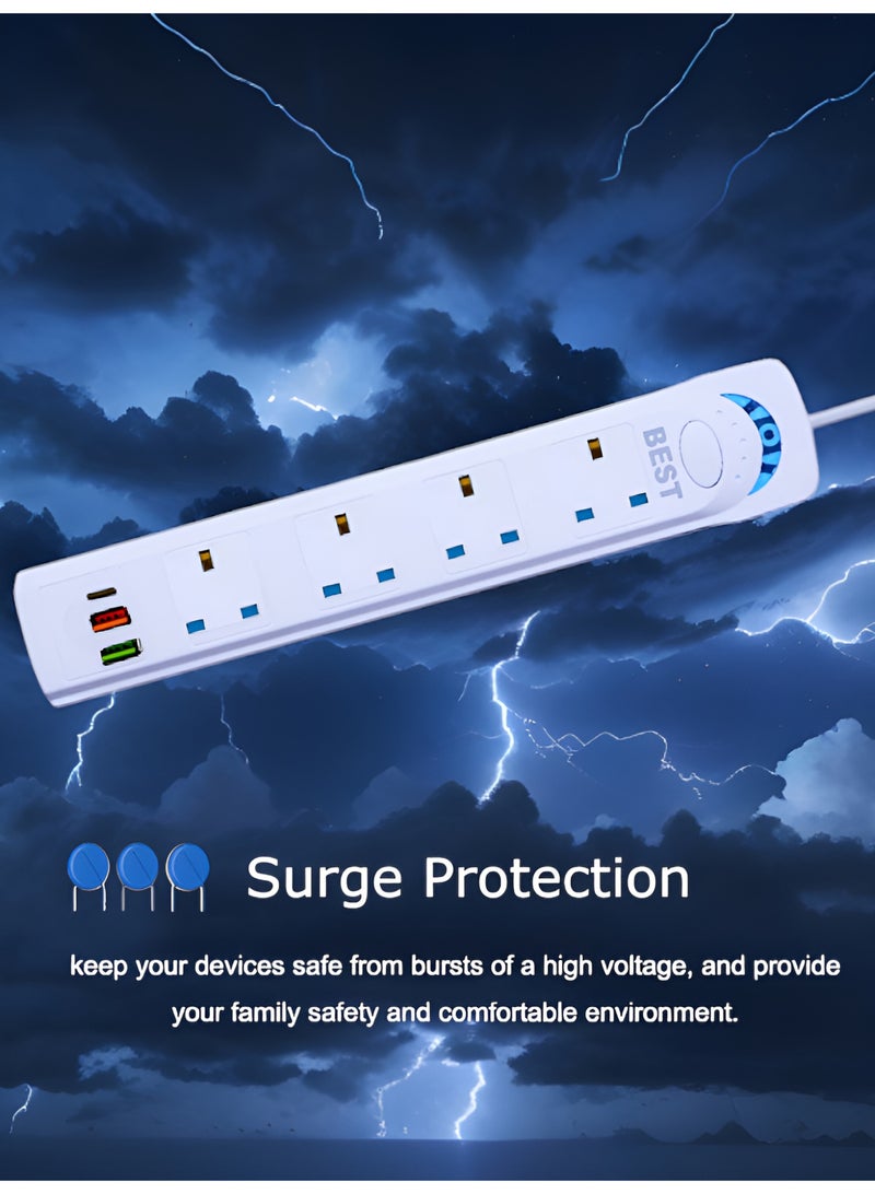 Best Power Socket with 4 AC Outlets, 2 USB & 1 Type-C | 5M Extension Cable with Surge Protection - Image 4